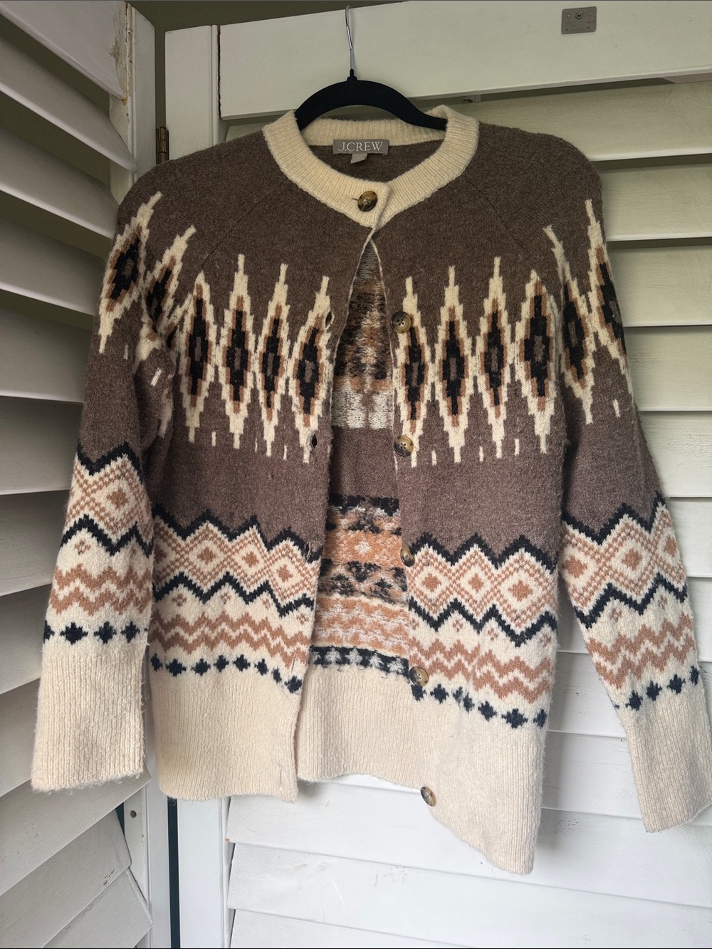 J. Crew Brown, Cream and Black Fair Isle Wool Cardigan